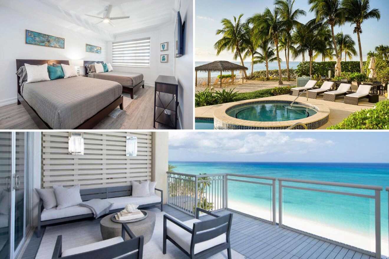 collage of 3 images of accommodation in the Cayman Island club se7en: pool area, bedroom and lounge on the terrace