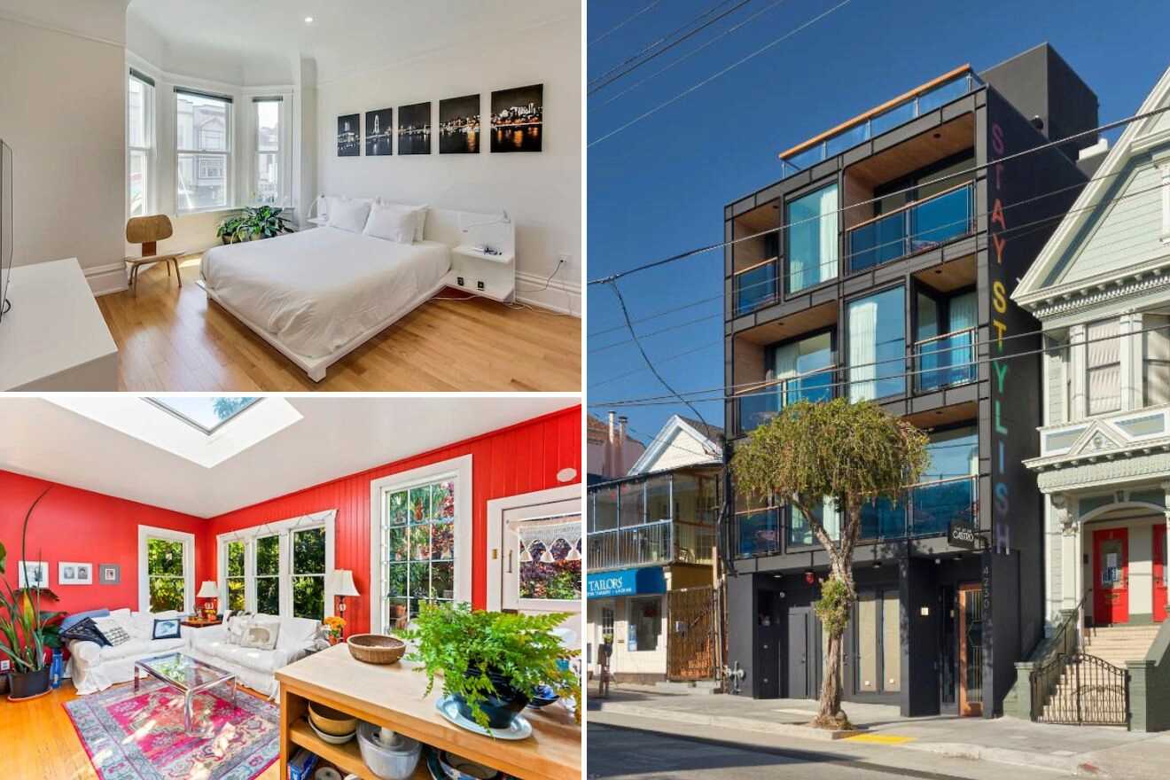 A collage of three photos of hotels to stay in Castro, San Francisco for nightlife: showing a rooftop terrace with wooden loungers overlooking the city, a charming traditional San Francisco building facade, and a cozy, warmly lit bedroom with a welcoming bed