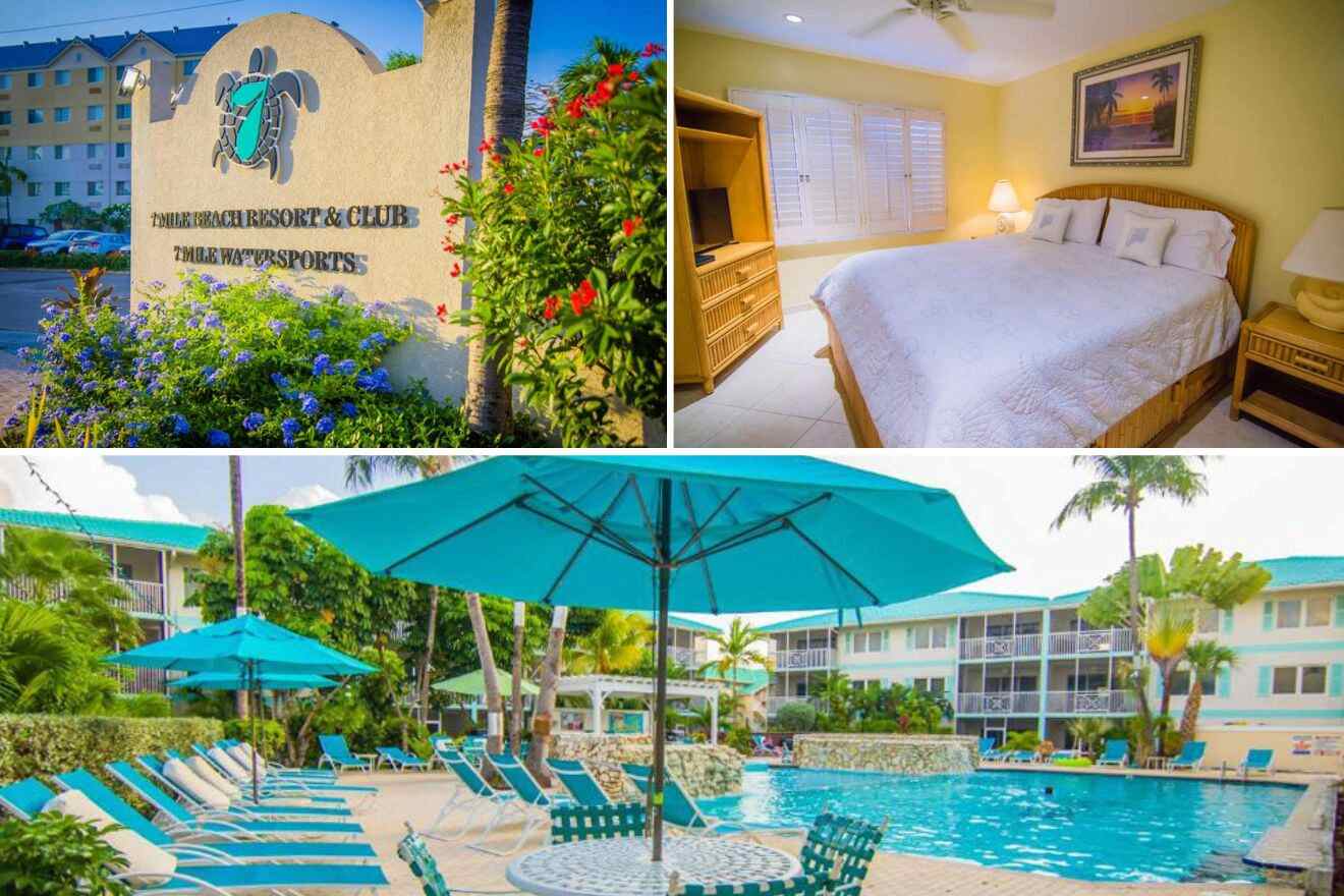 collage of 3 images of the seven mile beach resort: pool area, bedroom and hotel's entrance sign