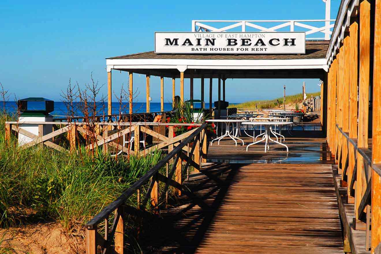 A wooden walkway leading to the beach.