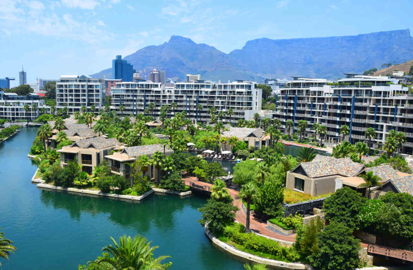 A view of a river in front of a hotel in cape town.