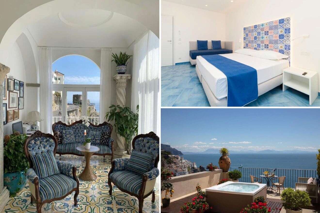 A collage of three photos of hotels to stay in Amalfi, Amalfi Coast, Italy: seating area, bedroom, and outdoor jacuzzi on a balcony with a view