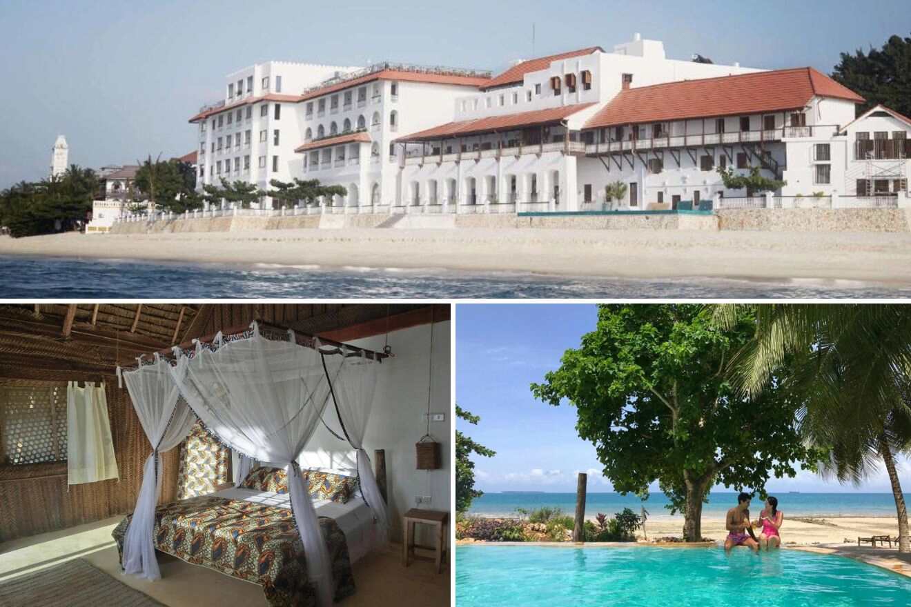 A collage of three photos of hotels to stay in Stone Town Zanzibar: hotel exterior, hotel bedroom, and people sitting on the edge of a pool by the beach