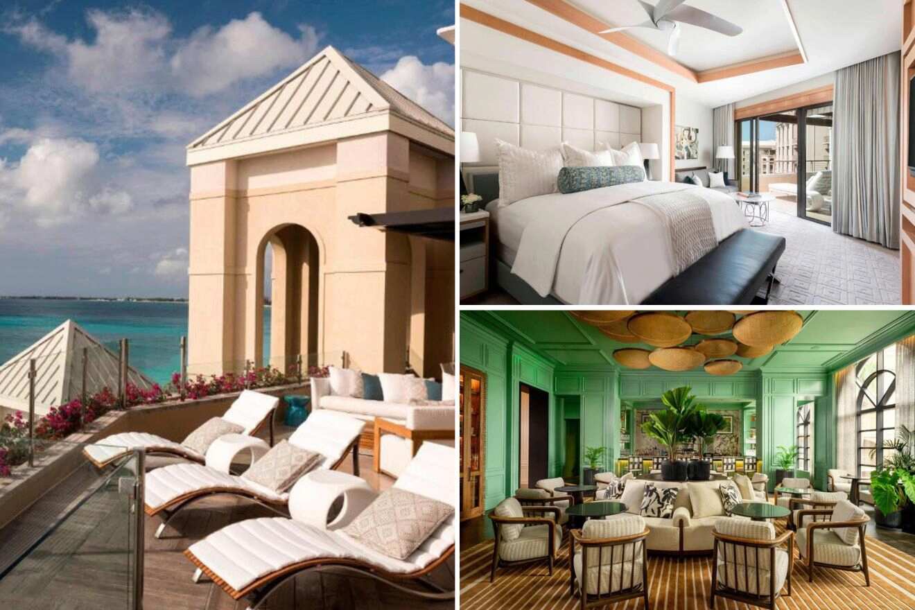 collage of 3 images of the ritz-carlton grand cayman: lounges on the terrace with sea view, bedroom and restaurant