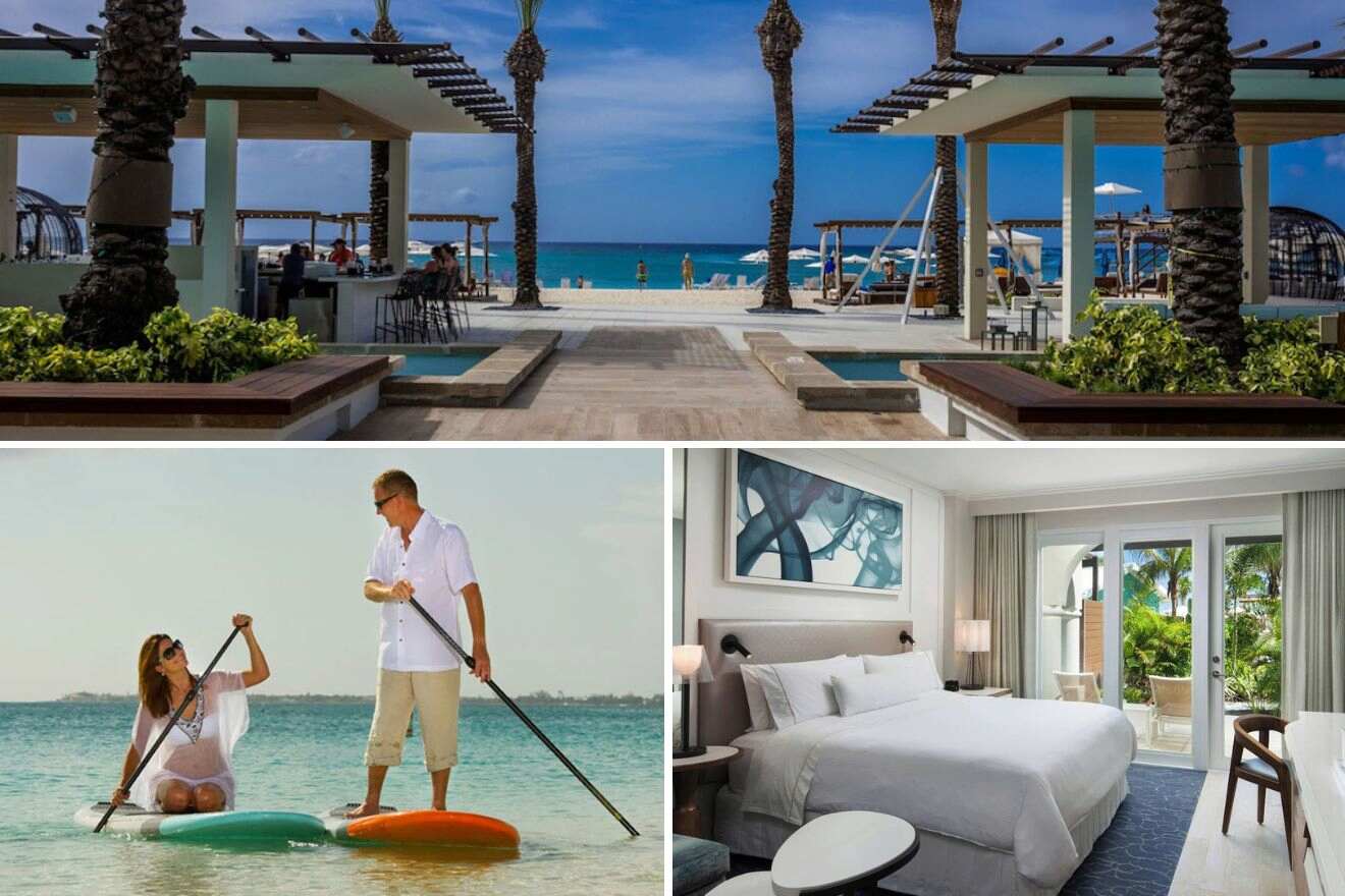 collage of 3 images of the westin grand cayman: outdoor area, bedroom and tourists paddle boarding