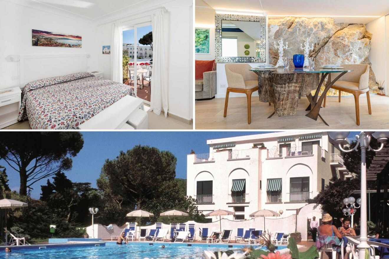 A collage of three photos of hotels to stay in Capri Island, Amalfi Coast, Italy: hotel bedroom, seating area, and outdoor pool with lounge chairs