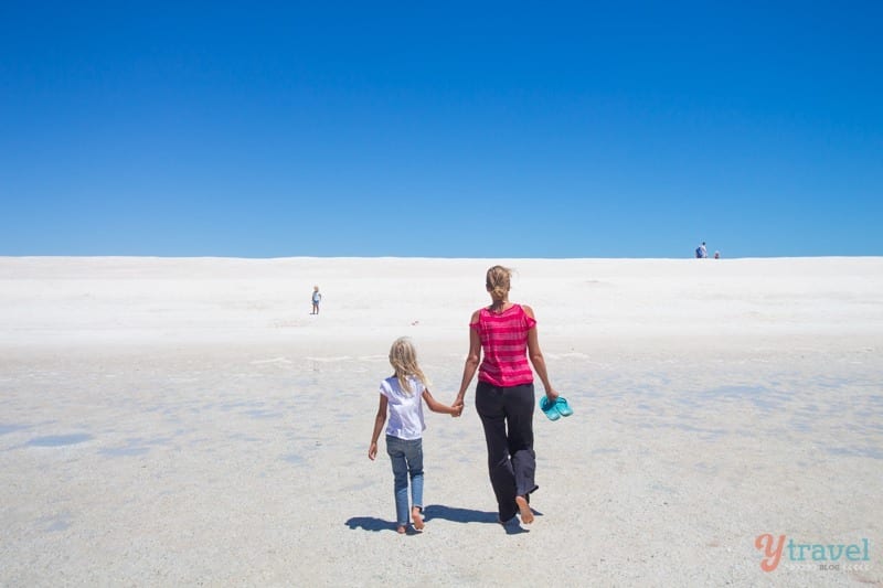 woman and child walking on Shell Beach, Western Australia