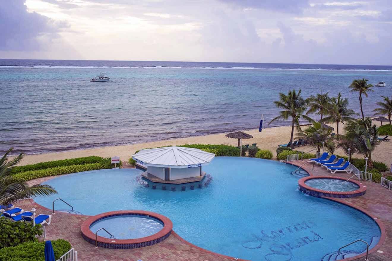 An aerial view of a swimming pool at the beach.