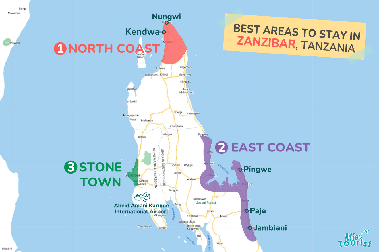 an illustrated map with highlighted best areas to stay in Zanzibar