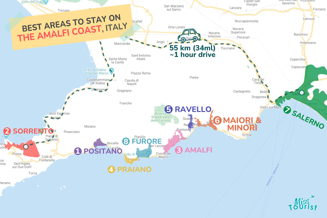 Illustrated map highlighting the best areas to stay on the Amalfi Coast