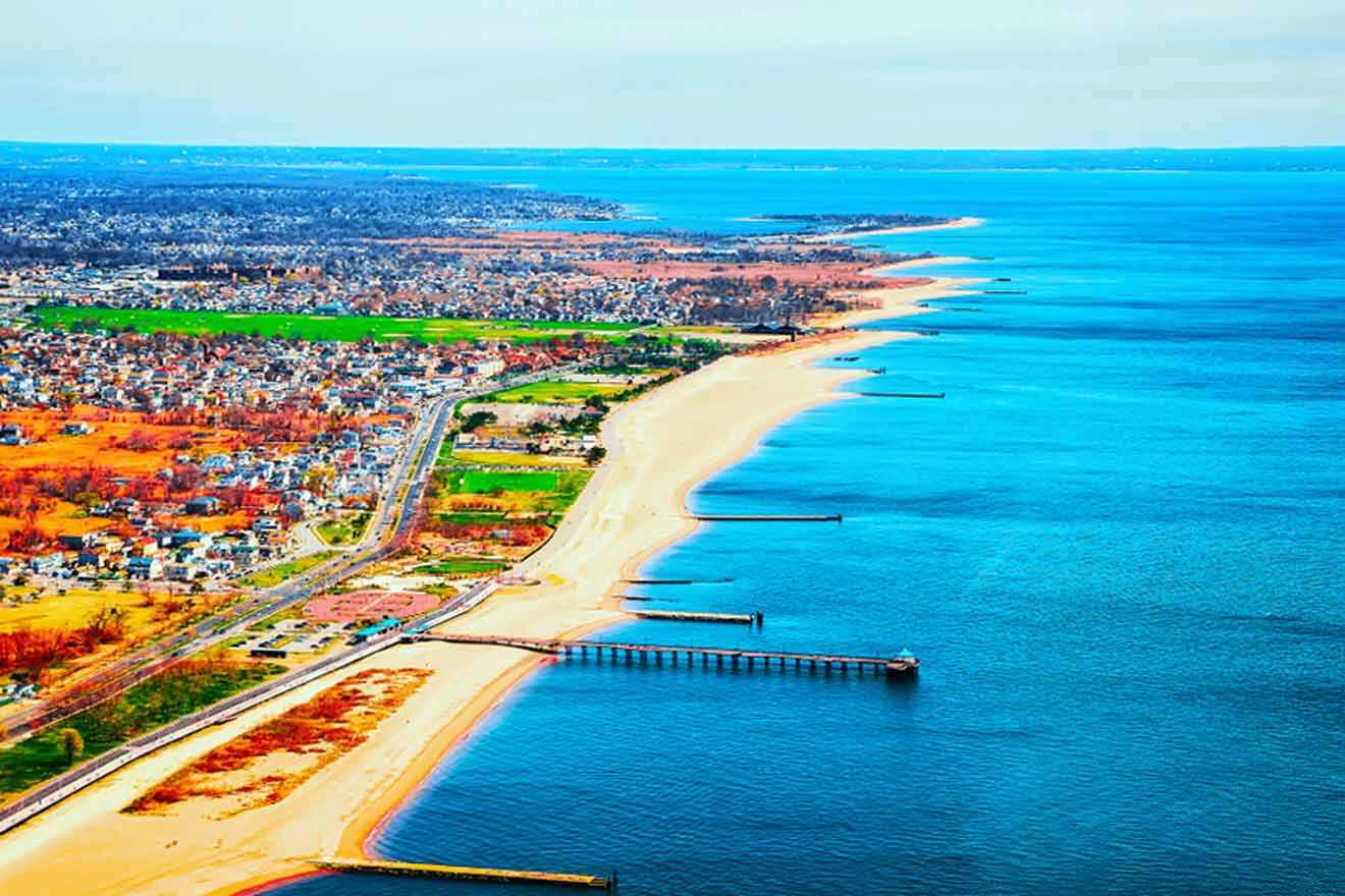 An aerial view of a beach and ocean from long island.