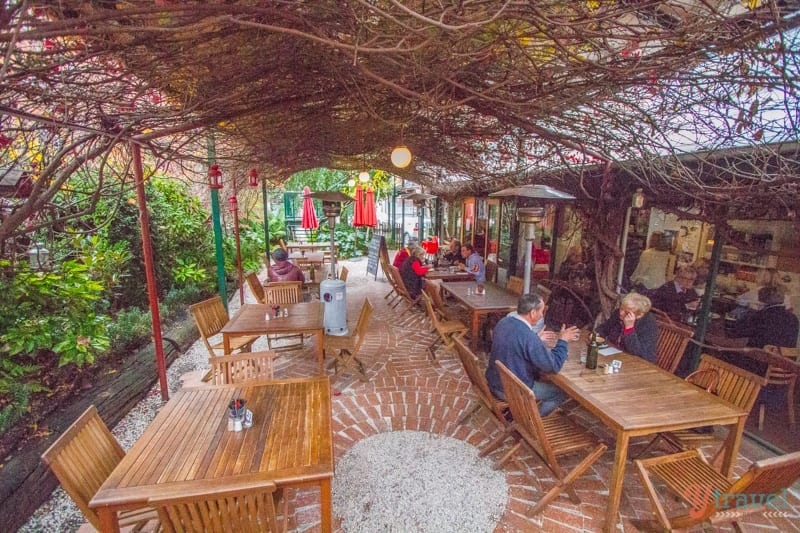 people drinking coffee on patio of The Hub Cafe, Bathurst, NSW