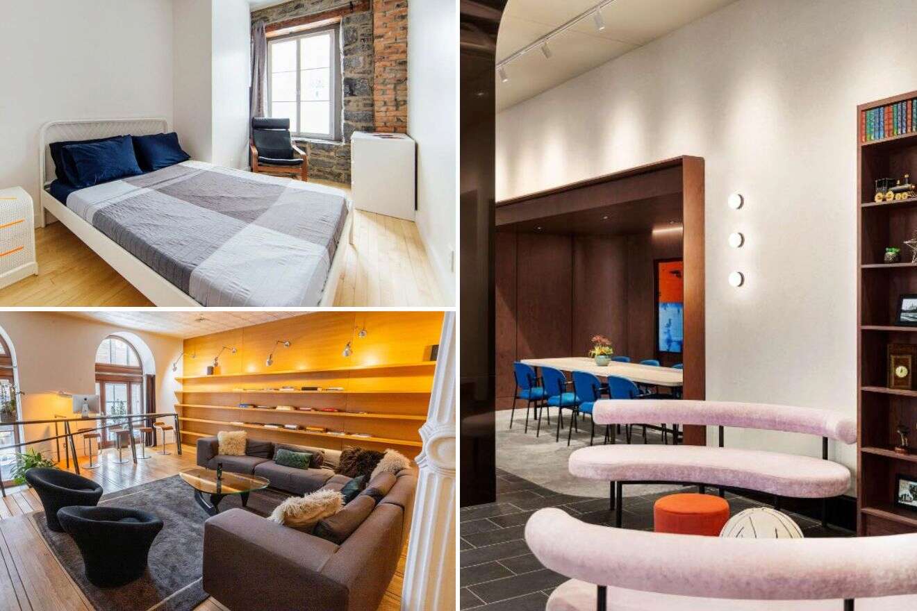 A collage of three hotel photos to stay in Old Montreal, featuring a minimalist bedroom with a white bed and exposed brick wall, a sleek meeting room with bookshelves and modern blue chairs, and a cozy living room with a large sofa and shelf lighting