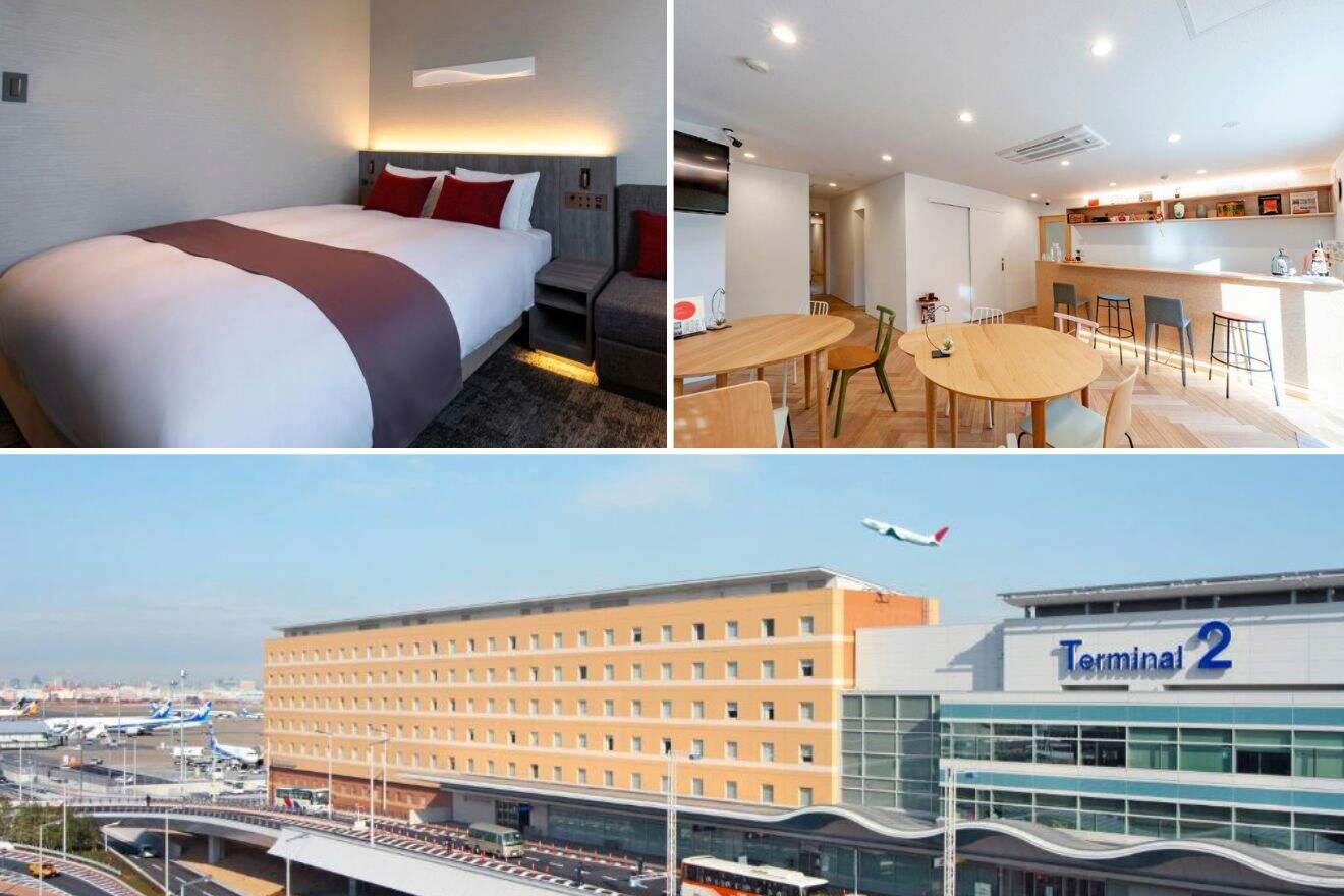 A collage of three hotel photos near Haneda Airport: A contemporary bedroom with red accent pillows, a spacious and inviting hotel dining area, and an exterior view of the hotel with a plane flying overhead, indicating proximity to the airport