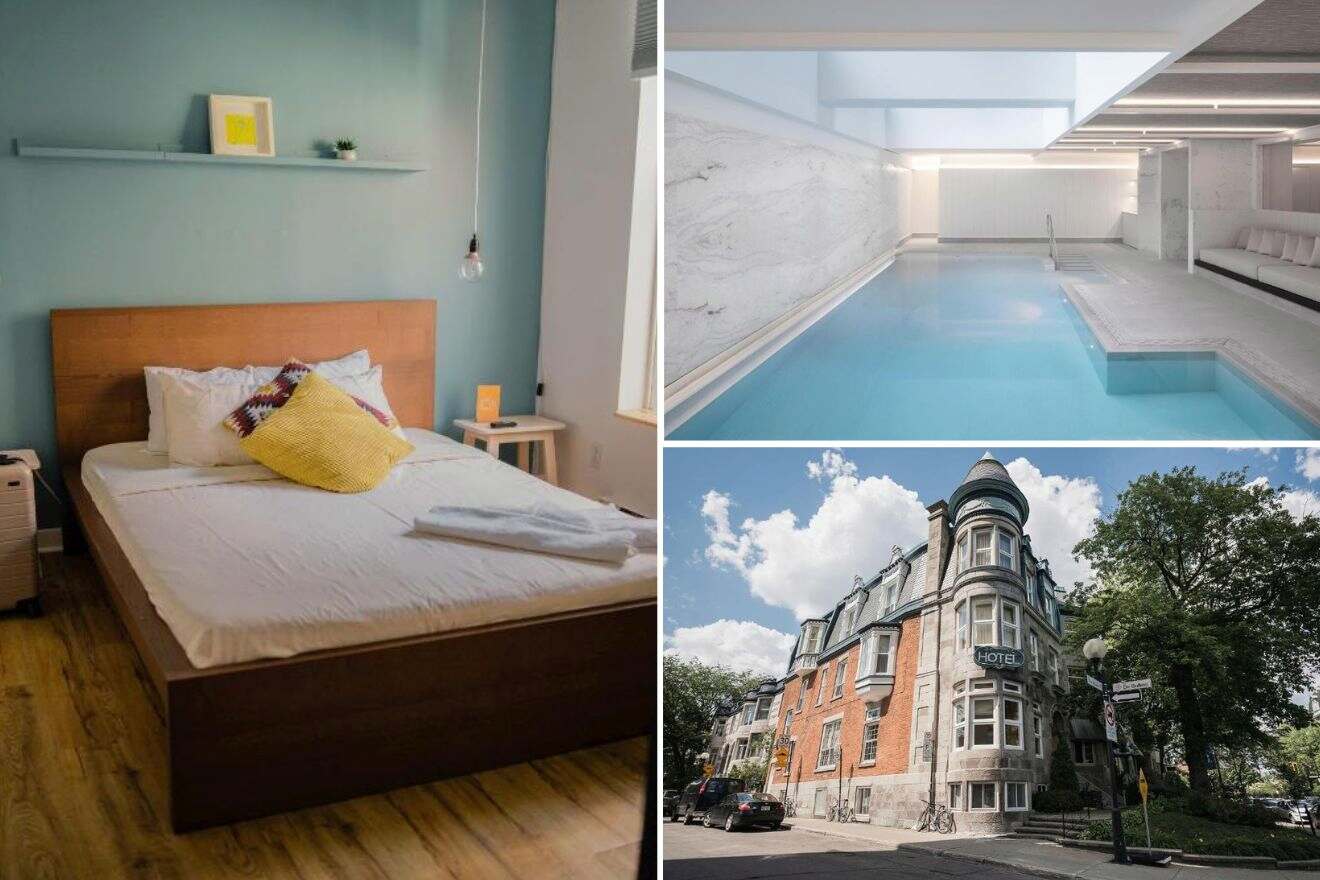 A collage of three hotel photos to stay in Downtown Montreal, showcasing a serene bedroom with a light blue accent wall and simple decor, an indoor pool area with natural light and white lounge furniture, and a classic stone facade of a boutique hotel on a sunny day