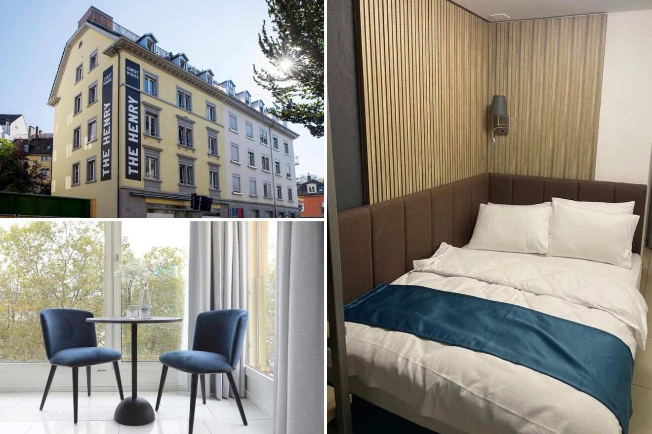 A collage of three hotel photos to stay in Langstrasse Zurich for shopping: a vibrant hotel facade with 'THE HENRY' sign, a simple yet elegant room with a blue-accented bed, and a bright dining area with a view of leafy trees