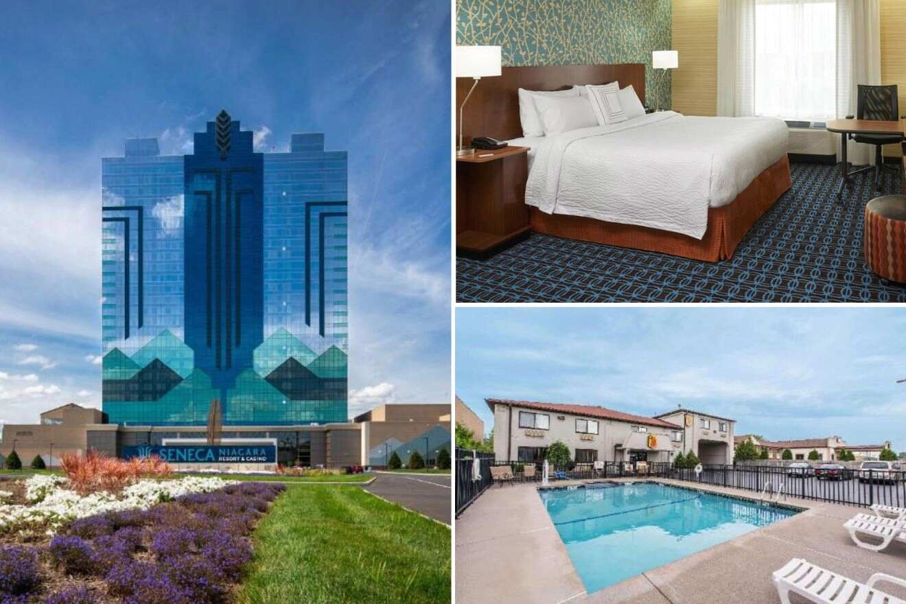 A collage of three hotel photos to stay in Niagara Falls, USA for budget accommodation: The towering blue-hued Seneca Niagara Resort & Casino against a clear sky, a standard hotel room with a patterned carpet and simple decor, and a basic outdoor pool with surrounding lounge chairs