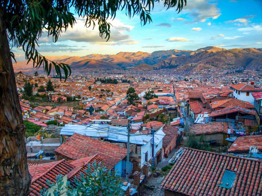 Aerial view of streets and houses in Cusco city, Peru.