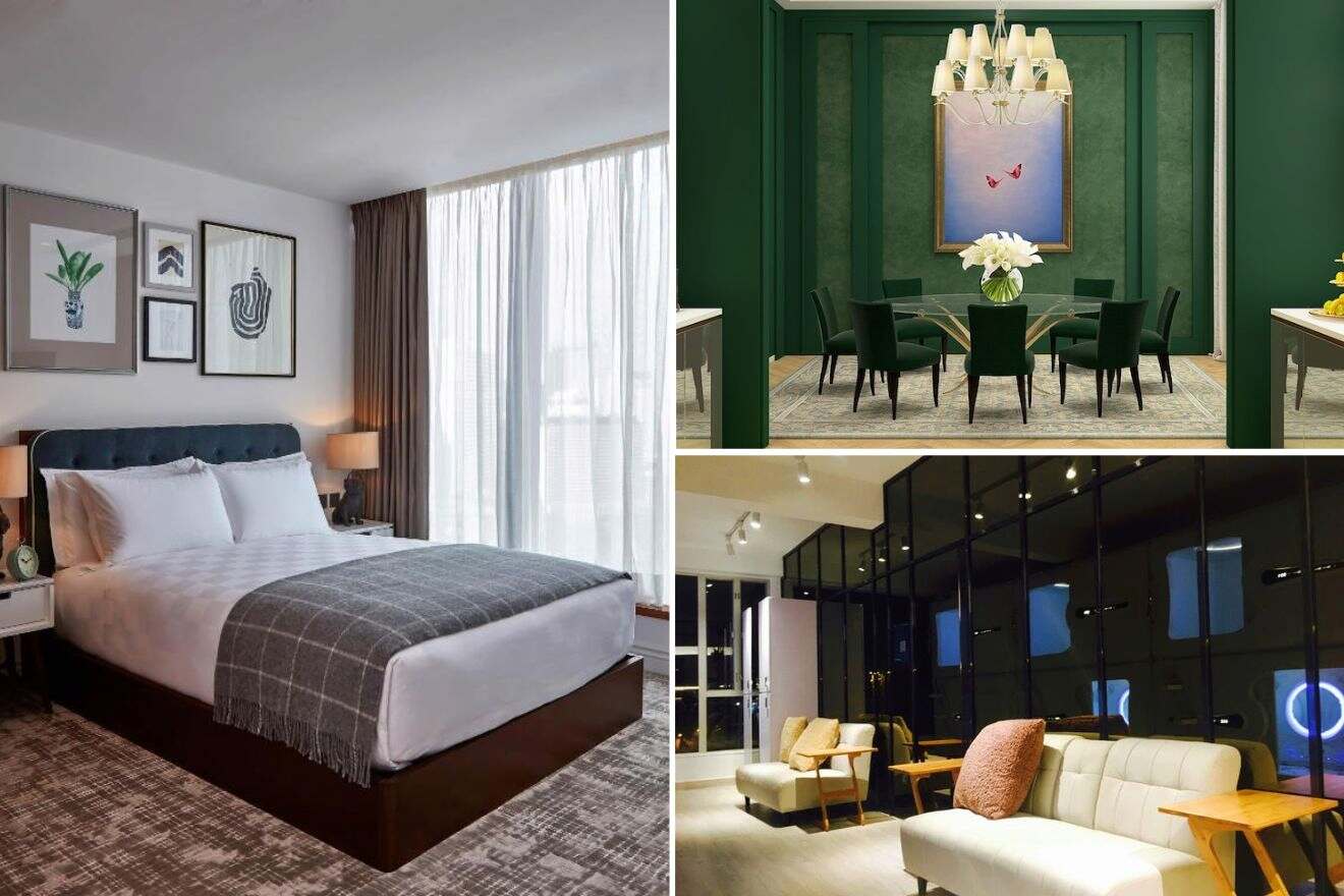 A collage of three hotel photos to stay in Causeway Bay, Hong Kong, depicting a serene bedroom with framed artwork, a chic dining area with a large chandelier, and a modern lounge with a sleek white sofa and geometric design elements