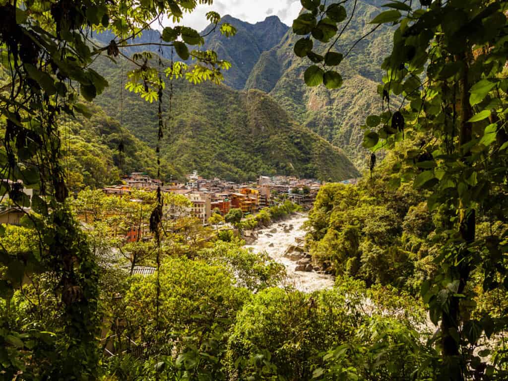 small village of Aguas calientese on river in jungle