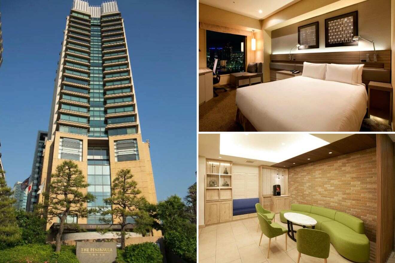 A collage of three hotel photos to stay in Ginza & Hibiya, Tokyo: A high-rise hotel with distinctive architecture, a room with a night view of the city, and a green hotel lounge with a modern aesthetic