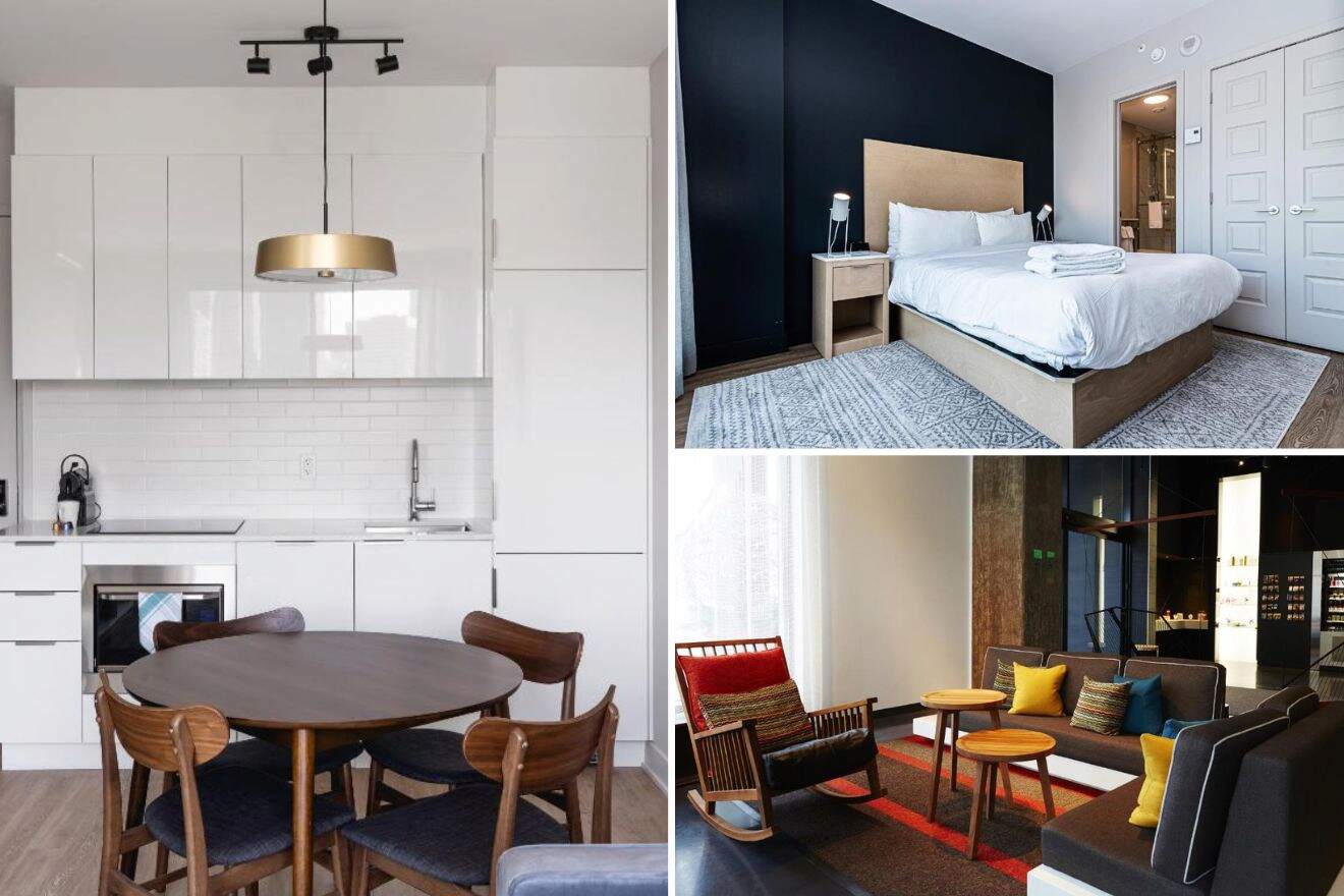 A collage of three hotel photos to stay in Griffintown Montreal, presenting a bright kitchen with modern white cabinets and a round dining table, a bedroom with a large bed against a dark accent wall, and a stylish common area with colorful pillows and mid-century furniture.