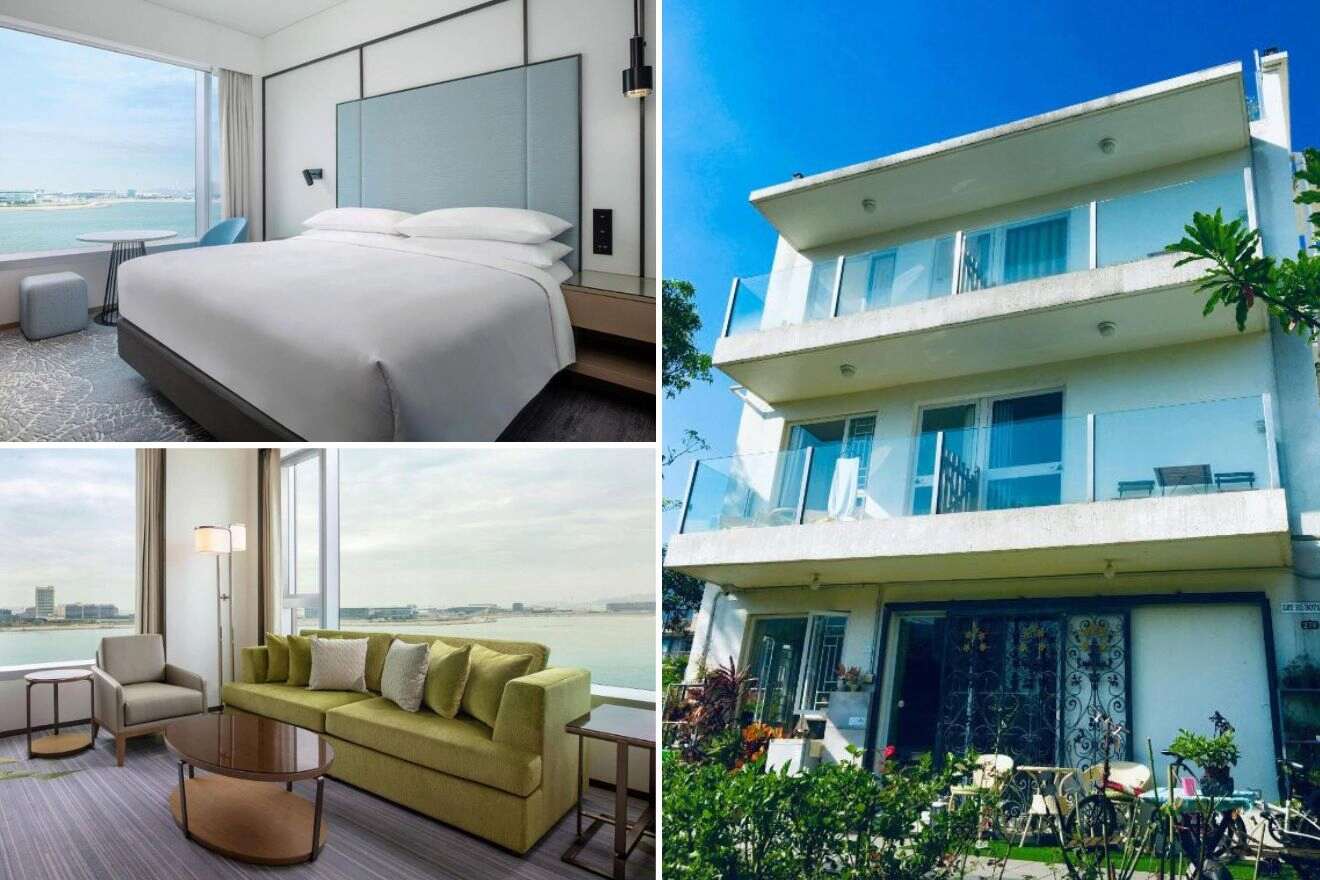 A collage of three hotel photos to stay in Lantau Island, Hong Kong, presenting a waterfront hotel room with sleek design, a sophisticated lounge with ocean views, and the quaint exterior of a boutique hotel with outdoor seating