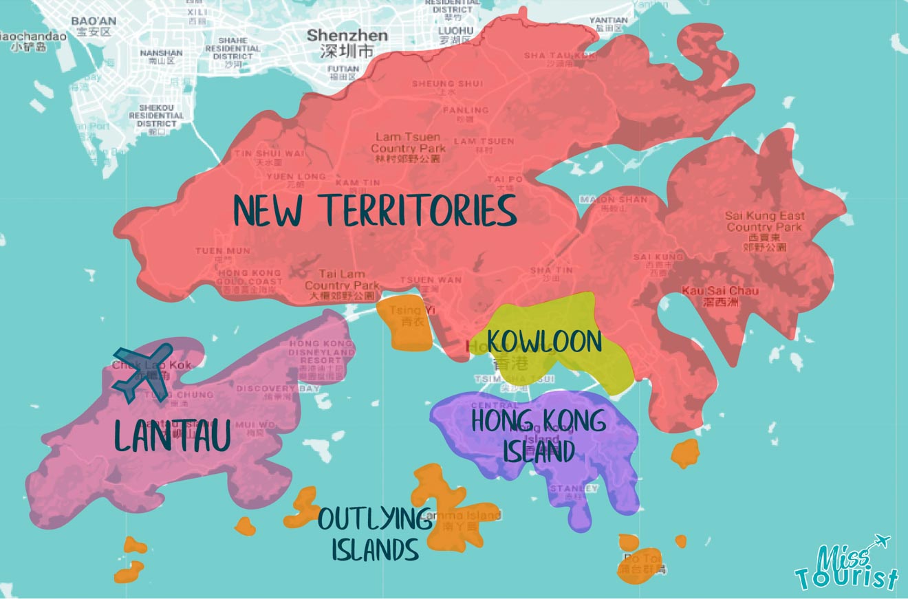 A colorful illustrated map depicting the various regions of Hong Kong including New Territories, Kowloon, Hong Kong Island, Lantau, and the Outlying Islands, with labels and a key.