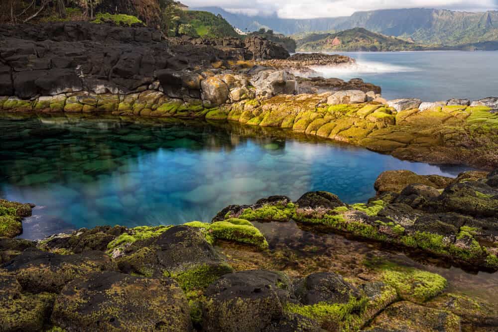 refelction in pool of water beside ocean at Queen's Bath kauai