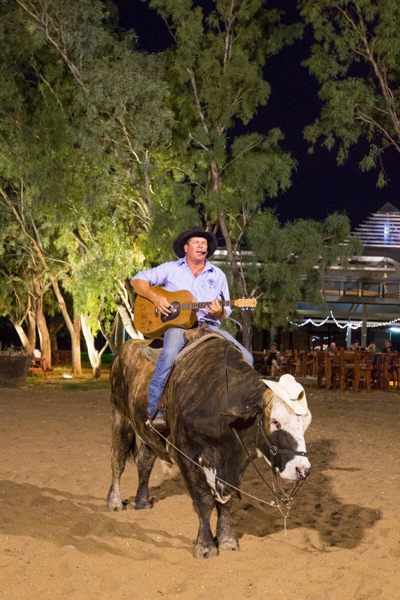 cowboy on cow with guitar singing at the Stockman Show in Longreach, Outback Queensland