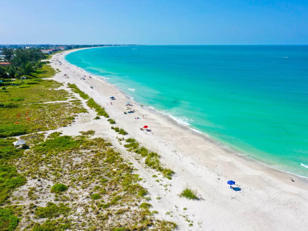 An Aerial View of the Beautiful White Sand Beach on Anna Maria Island, Florida