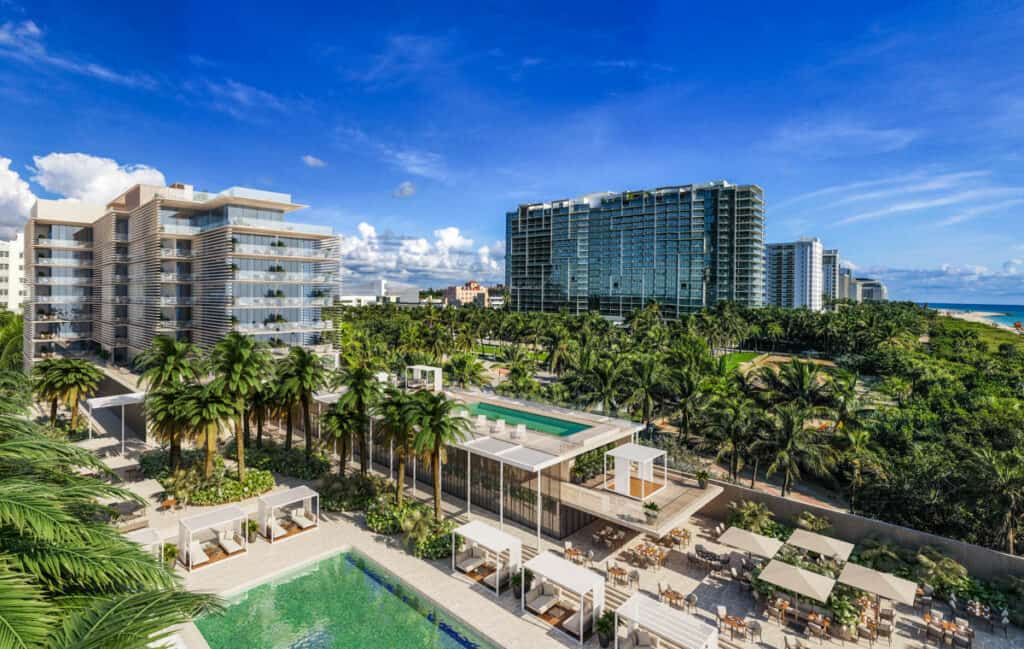 aerial view of bulgari hotel swimming pool area and building by the beach in miami