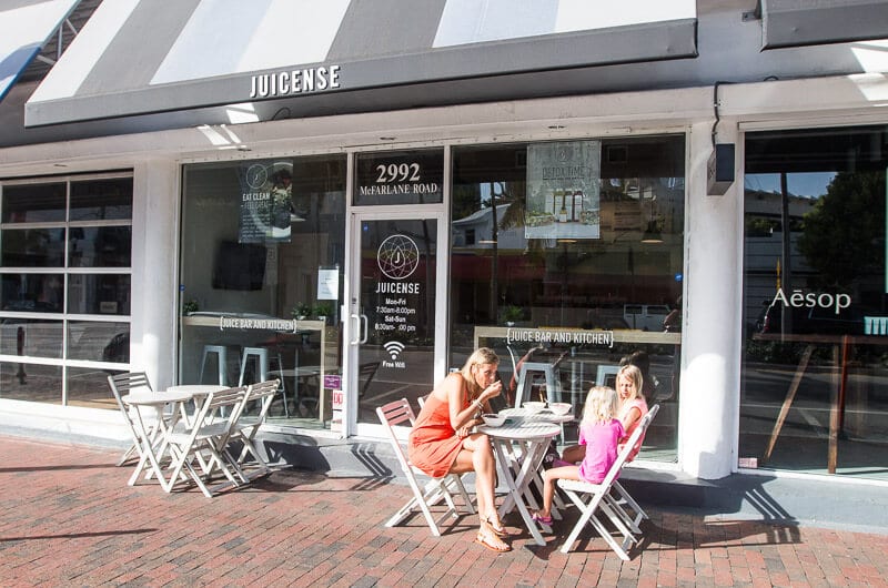 family eating Breakfast at Juicense outside tables