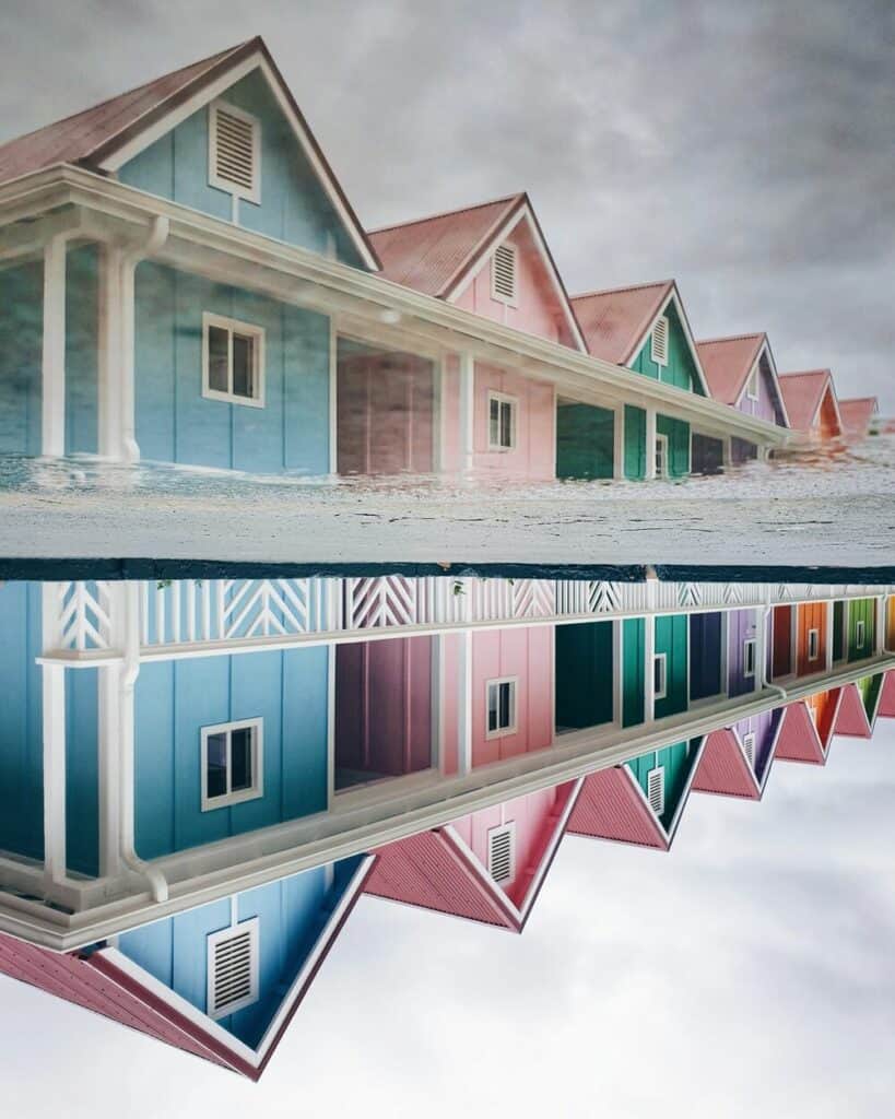 reflection of colored row of houses