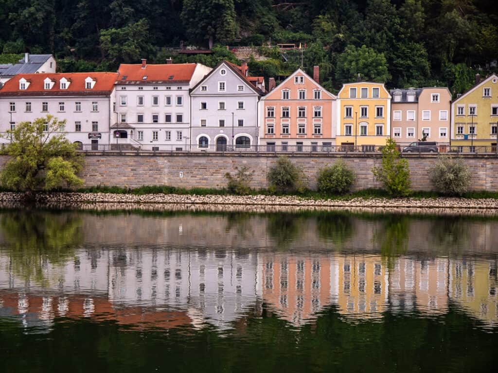 Row of colorful buildings on a rivers edge