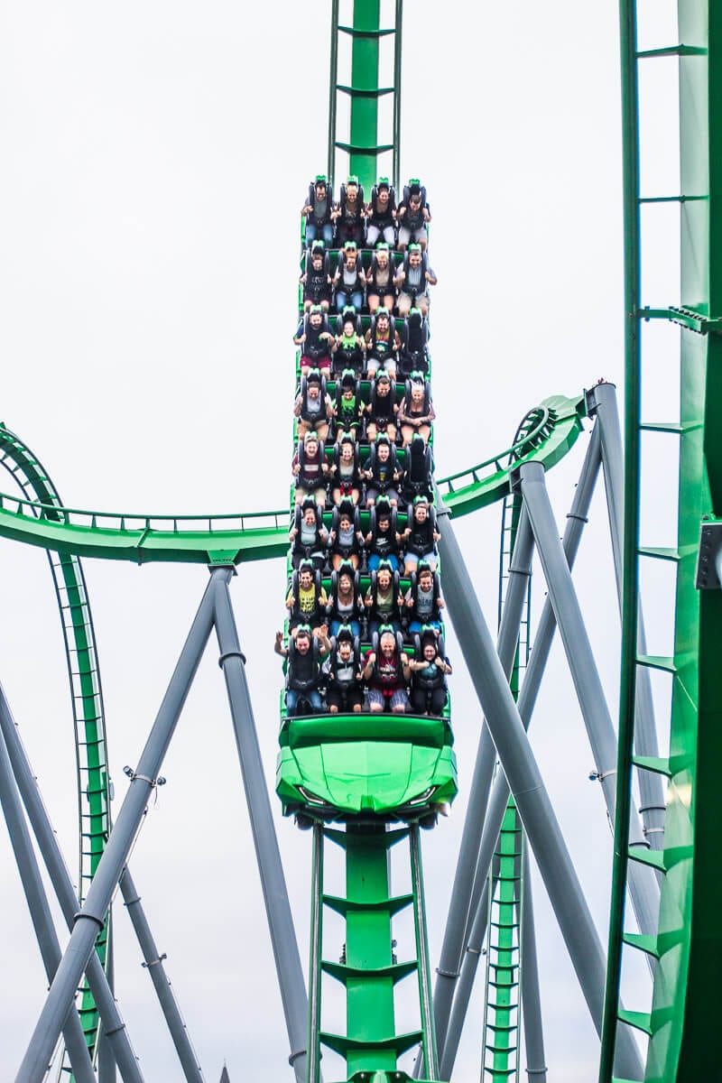 The Incredible Hulk Coaster doing a loop