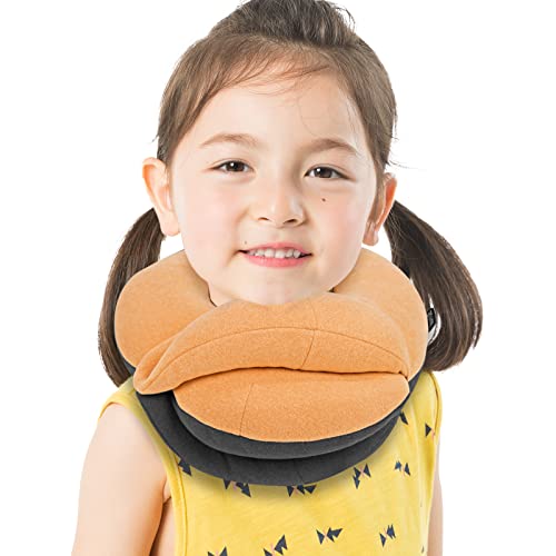 BUYUE Kids Travel Pillows for Airplane, 360° Head Support Sleeping Essentials for Boys Long Flight, Skin-Friendly Soft Neck Pillow for Traveling in Car Seat, Small, Orange Grey