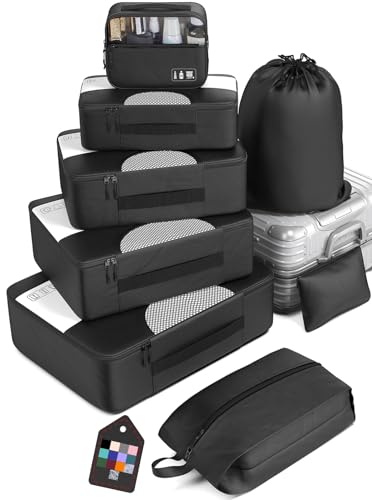 Veken 8 Set Packing Cubes for Suitcases, Travel Essentials for Carry on, Luggage Organizer Bags Set for Travel Accessories in 4 Sizes (Extra Large, Large, Medium, Small), Black