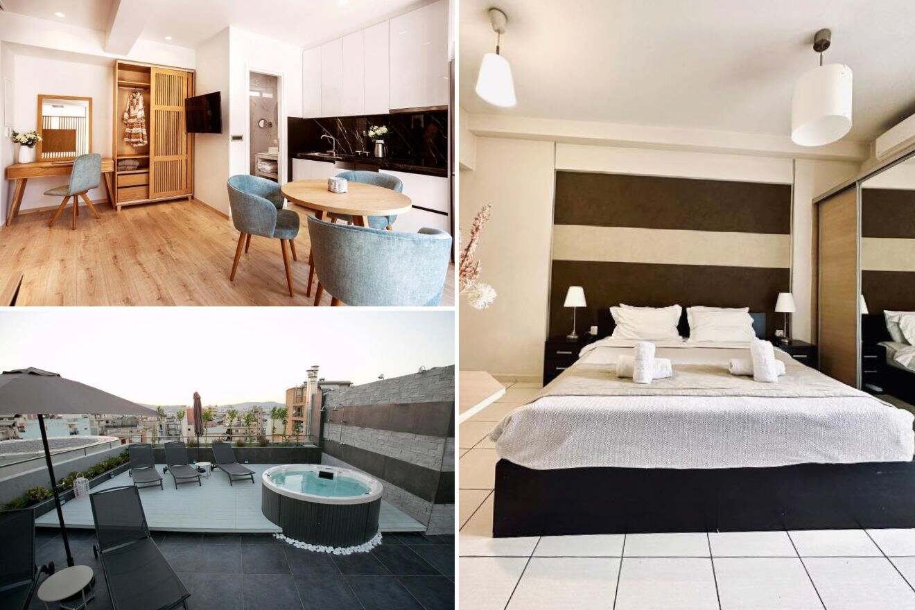 A collage of three hotel photos to stay in Athens: A dining area with a round table and blue chairs, a bedroom with a large bed and neutral tones, and an exclusive rooftop hot tub with panoramic city views.