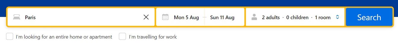 Detailed view of a hotel booking search bar with inputs for destination, dates, and number of people, highlighting options for Paris, dates from August 5th to August 11th, for two adults in one room