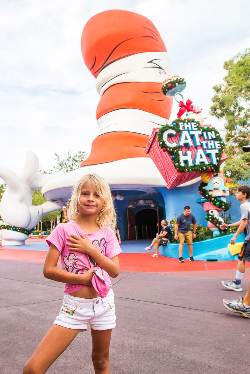 girl in front of Cat in the Hat at Universal Orlando