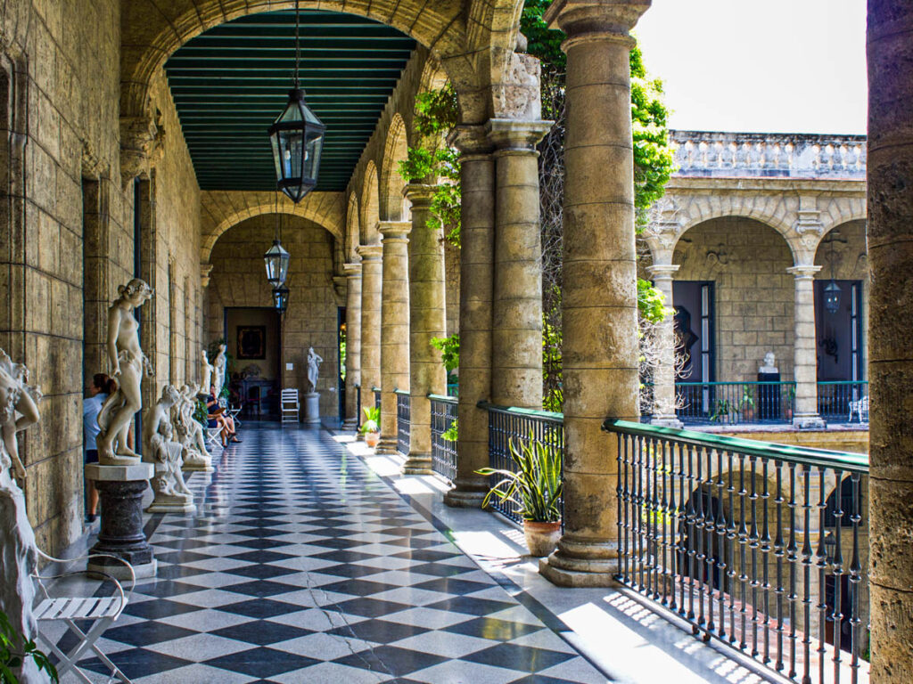 courtyard with art pieces on each level