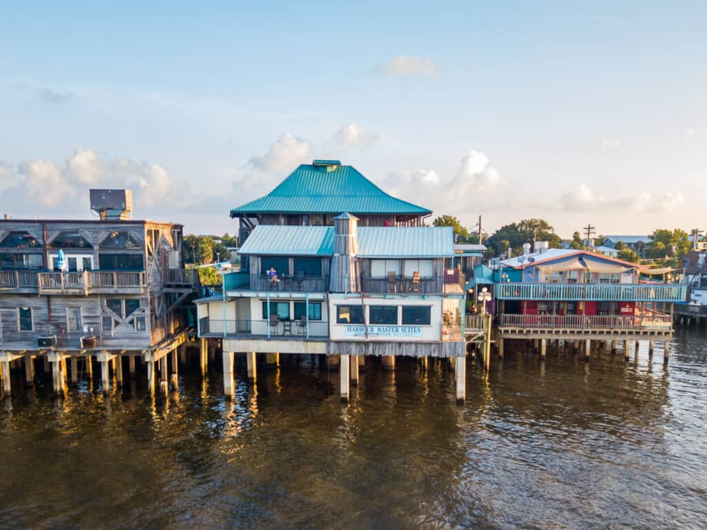 Hotel on stilts over the water.