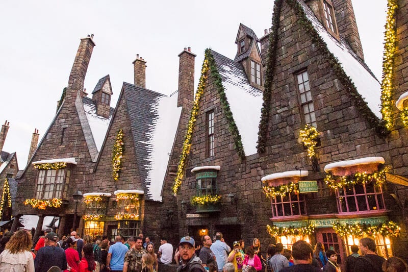 Hogsmeade lit up at dusk