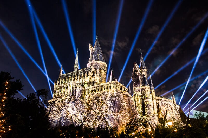 hogwarts castle with laser show lights