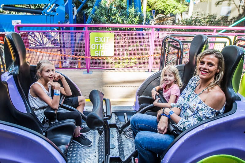 family Riding the Fairly Odd Roller Coaster at the Amusement Park at Mall of America.