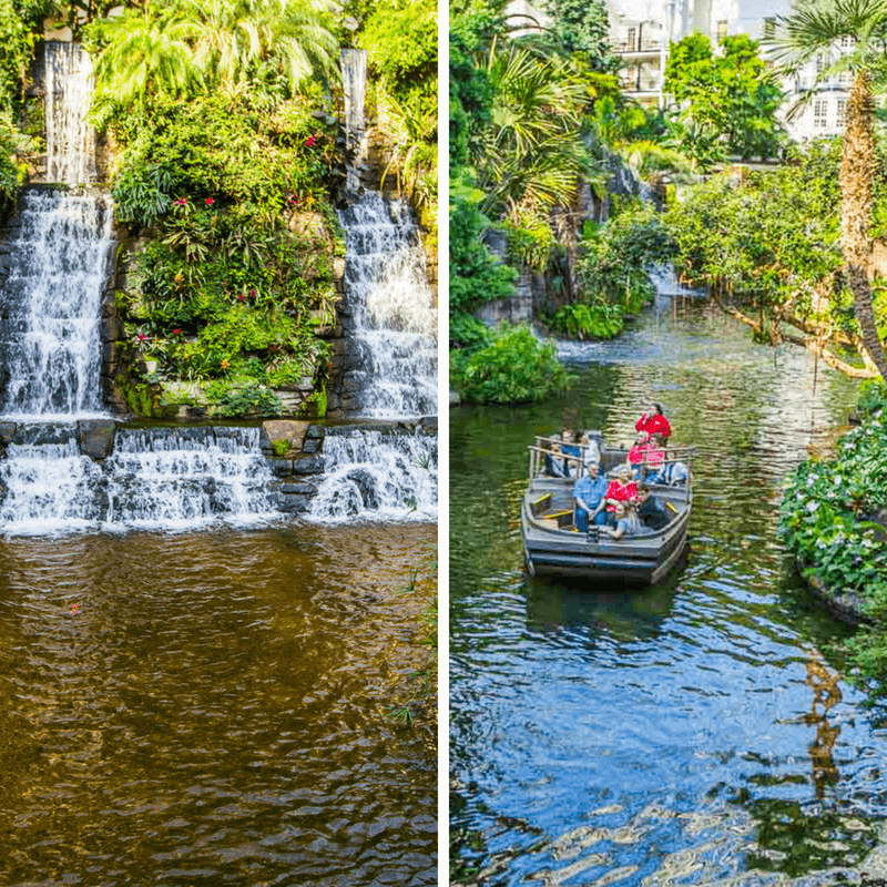 boat on canal beside waterfall at Opryland Resort, Nashville, Tennessee