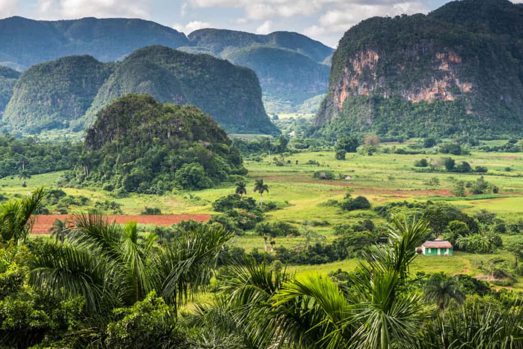 Panoramic view over landscape with mogotes in  Vinales Valley ,Cuba